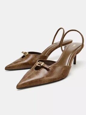 Zara Brown Pointed Slingback Heels with Gold Buckle